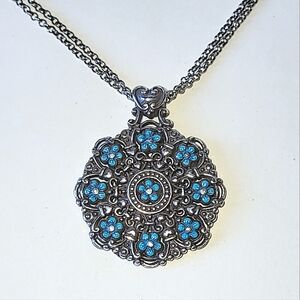 BRIGHTON "LUCIA" BLUE FLORAL ENAMEL PENDANT NECKLACE - REVERSIBLE TOO!